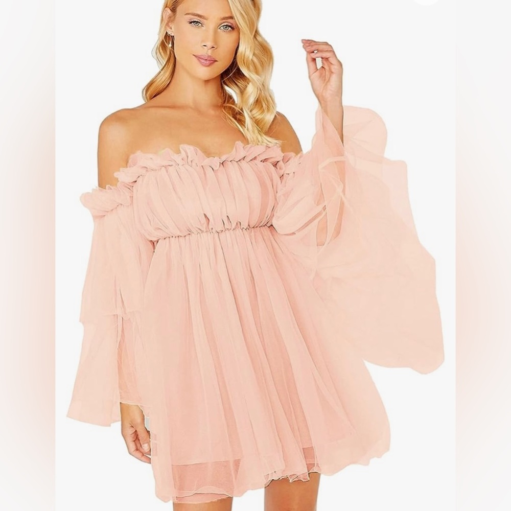 Blush pink fairy ruffle dress, off the shoulder sleeves.